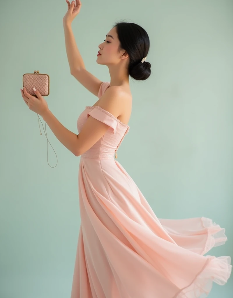  Set against a soft, pastel-colored backdrop, she is dressed in a delicate, blush pink off-the-shoulder dress with a fitted bodice and a flared skirt. Her black hair is styled in a sophisticated updo. She poses with one arm raised, holding a small, vintage clutch, and the other arm gracefully extended to the side. Her body is turned slightly to the side, with her head tilted gently, showcasing the dress’s elegant neckline and the soft flow of the skirt. The lighting enhances the subtle shimmer of the dress and the refined grace of her pose.