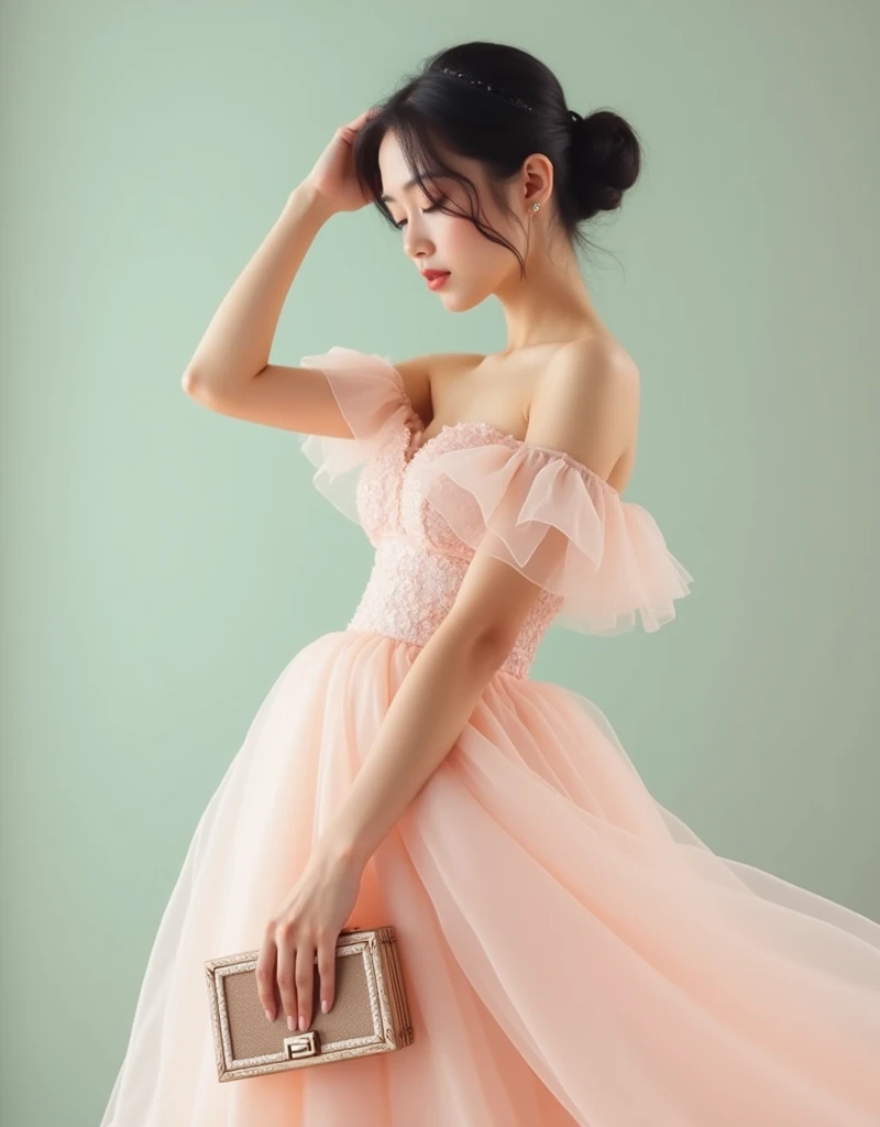 Set against a soft, pastel-colored backdrop, she is dressed in a delicate, blush pink off-the-shoulder dress with a fitted bodice and a flared skirt. Her black hair is styled in a sophisticated updo. She poses with one arm raised, holding a small, vintage clutch, and the other arm gracefully extended to the side. Her body is turned slightly to the side, with her head tilted gently, showcasing the dress’s elegant neckline and the soft flow of the skirt. The lighting enhances the subtle shimmer of the dress and the refined grace of her pose.
