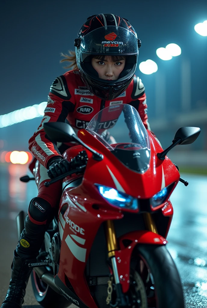 (very beautiful Japanese high school girl), professional motorcycle racer, (about to Ride on a racing motorcycle:1.3), at circuit at night, dramatic scene, masterpiece, clear helmet visor, beautiful eyes, (Honda CBR1000RR), Shoei helmet, (wearing motorcycle racer's outfits), racer's boots