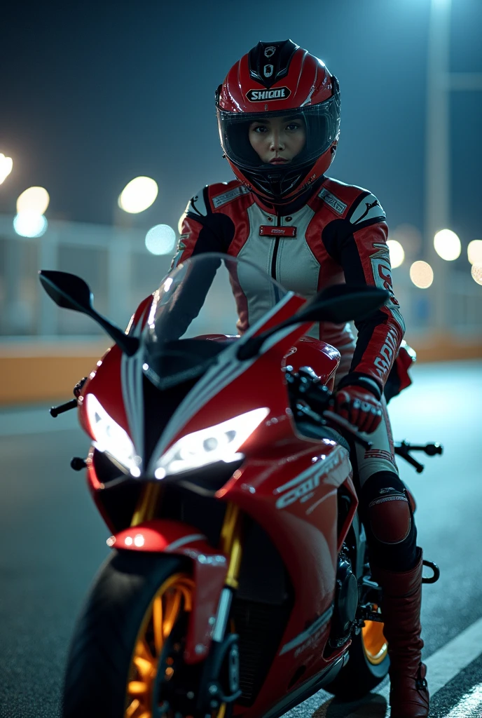 (very beautiful Japanese high school girl), professional motorcycle racer, (about to Ride on a racing motorcycle:1.3), at circuit at night, dramatic scene, masterpiece, clear helmet visor, beautiful eyes, (Honda CBR1000RR), Shoei helmet, (wearing motorcycle racer's outfits), racer's boots