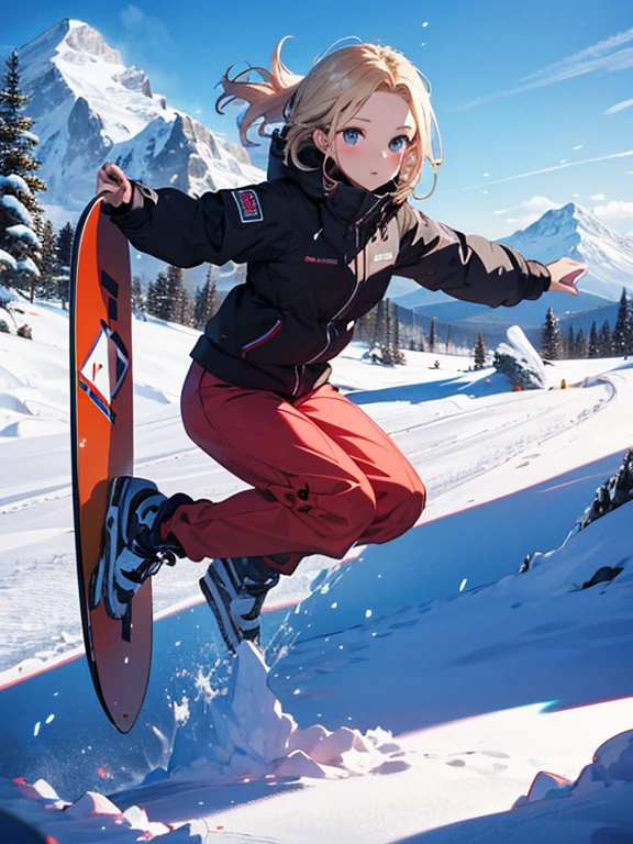 Snow Scenery, The background is snowy mountains, avalanche, snow board, snow boardでjump, cute, Beauty,Android 18, (masterpiece), highest quality, 1girl, uhd, retina, masterpiece, ccurate, anatomically correct, textured skin, super detail, high details, high quality, best quality, highres, 4K