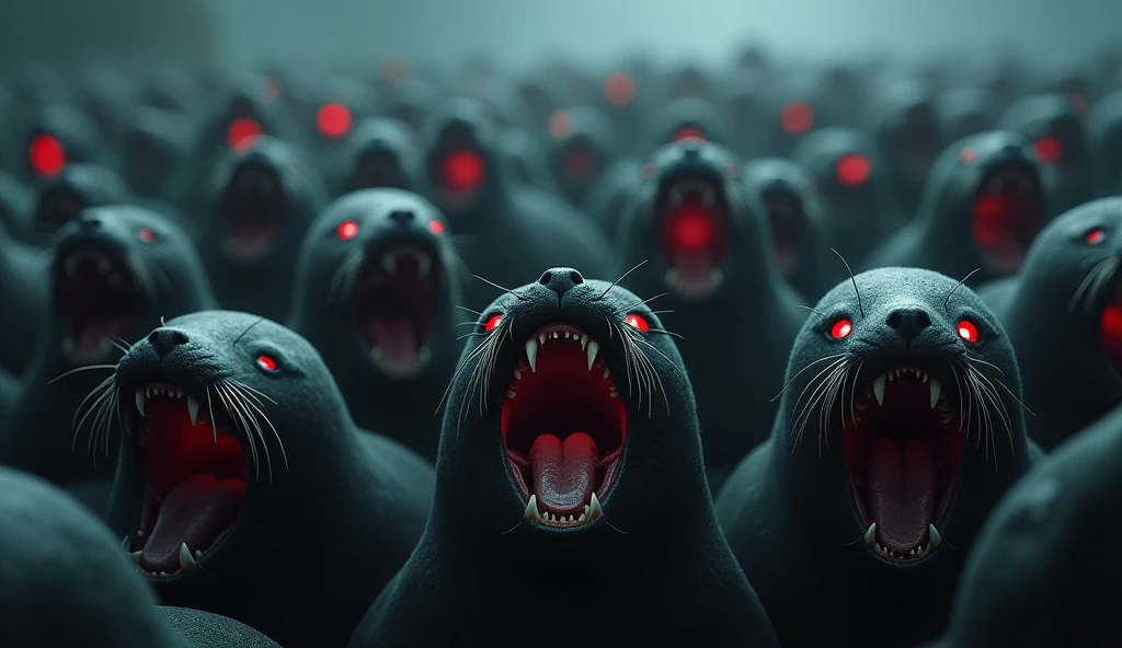 There is a shadow、Digital Art、There are a lot of seals、A large number of seals have glowing red eyes、There are no people、No one in sight、Close-up of a large number of seals、A large number of seals with their mouths wide open、Horror