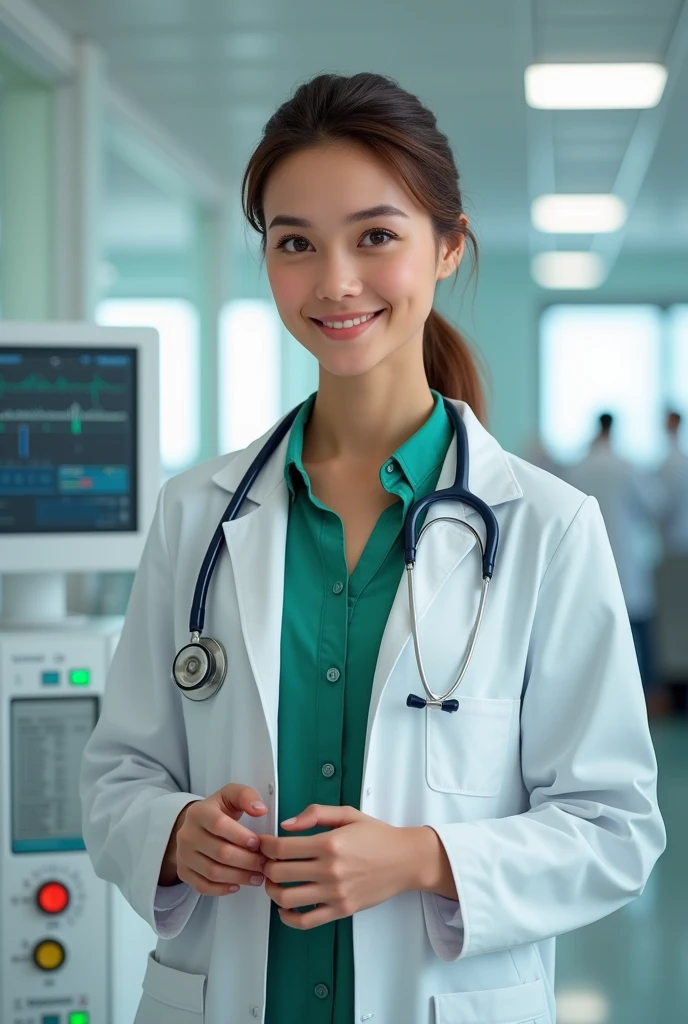 Female doctor wearing green shirt and white overcoat