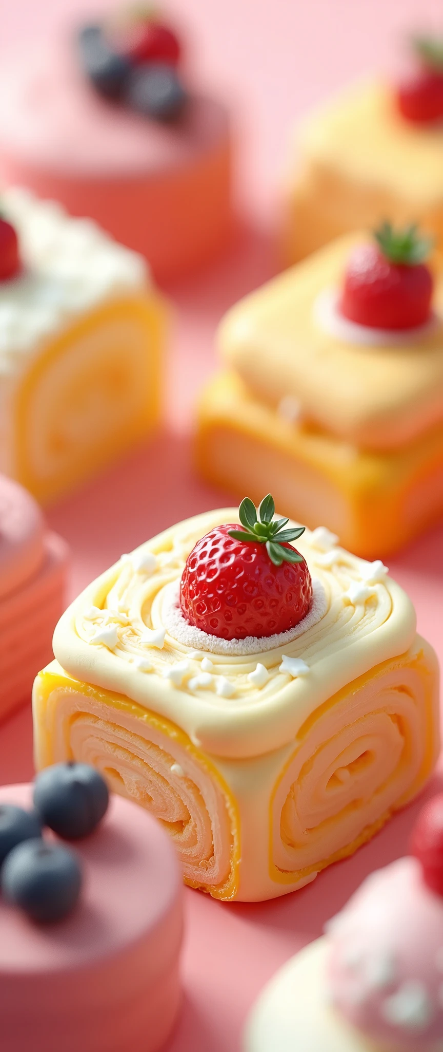 (masterpiece:1.2, Highest quality,Ultra-high resolution,Super detailed),8k,(wallpaper),(Best illustrations:2.0),(Cake shopには様々Roll cakes made with various fruits are arranged in a square shape.,Cake shop,Pastry chef,Very simple design),(isometric illustration:2.0),(Plastic Models:2.0),(Isometric 3D diorama),Matte Paint