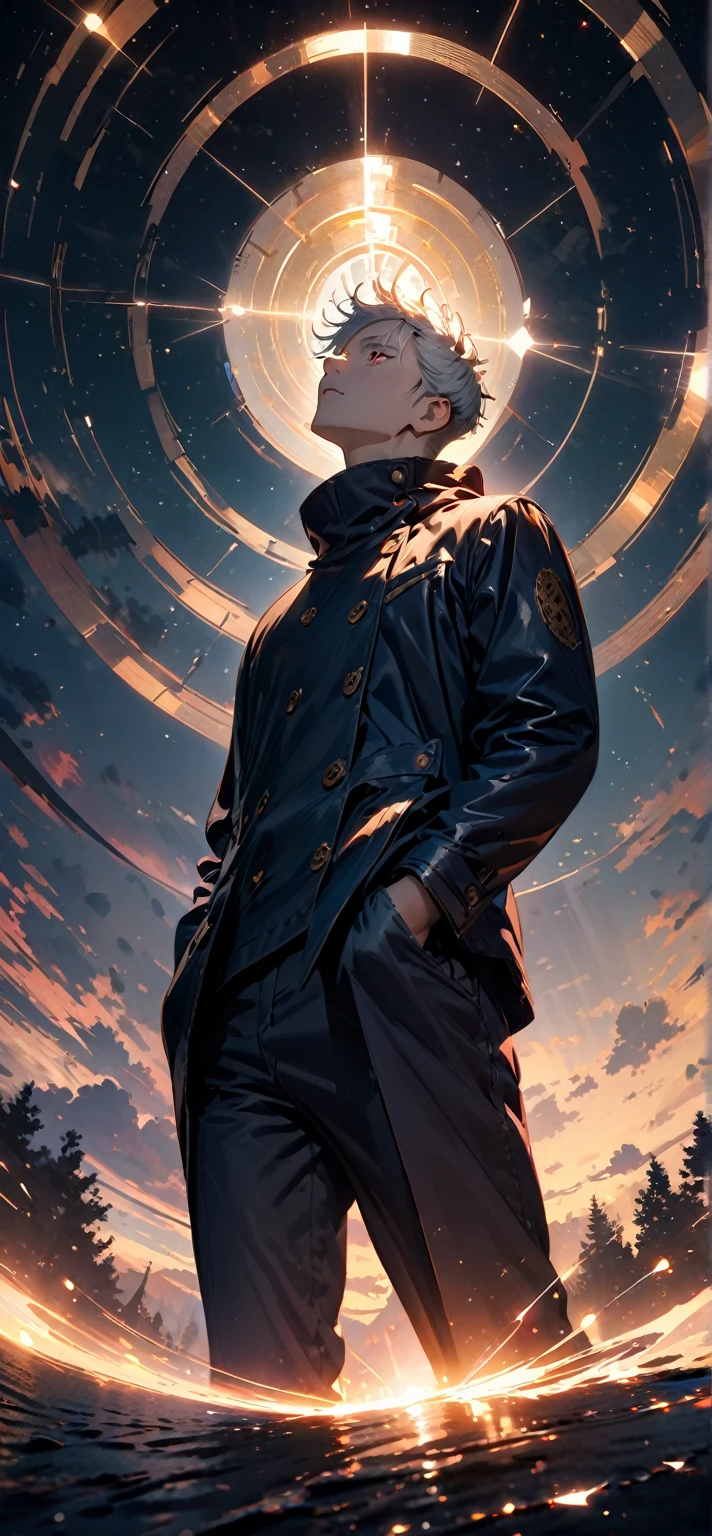 8k,wallpaper of extremely detailed CG unit, masterpiece,hight resolution,top-quality,top-quality real texture skin,hyper realisitic,increase the resolution,RAW photos,best qualtiy,highly detailed,the wallpaper,cinematic lighting,ray trace,golden ratio, BREAK ,many stars twinkling in a beautiful bright winter night sky, long exposure starry sky with many circular orbits, silhouette of a very handsome man with white short hair with his hands in his coat pockets looking up at it, the man is gojo in Jujutsu Kaisen, photo taken from long distance, photo from below, beautiful kaleidoscope multiple exposures overlapping