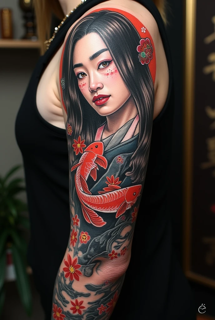 A tattoo of a Kabuki man's upper arm and a fish holding a fish below.