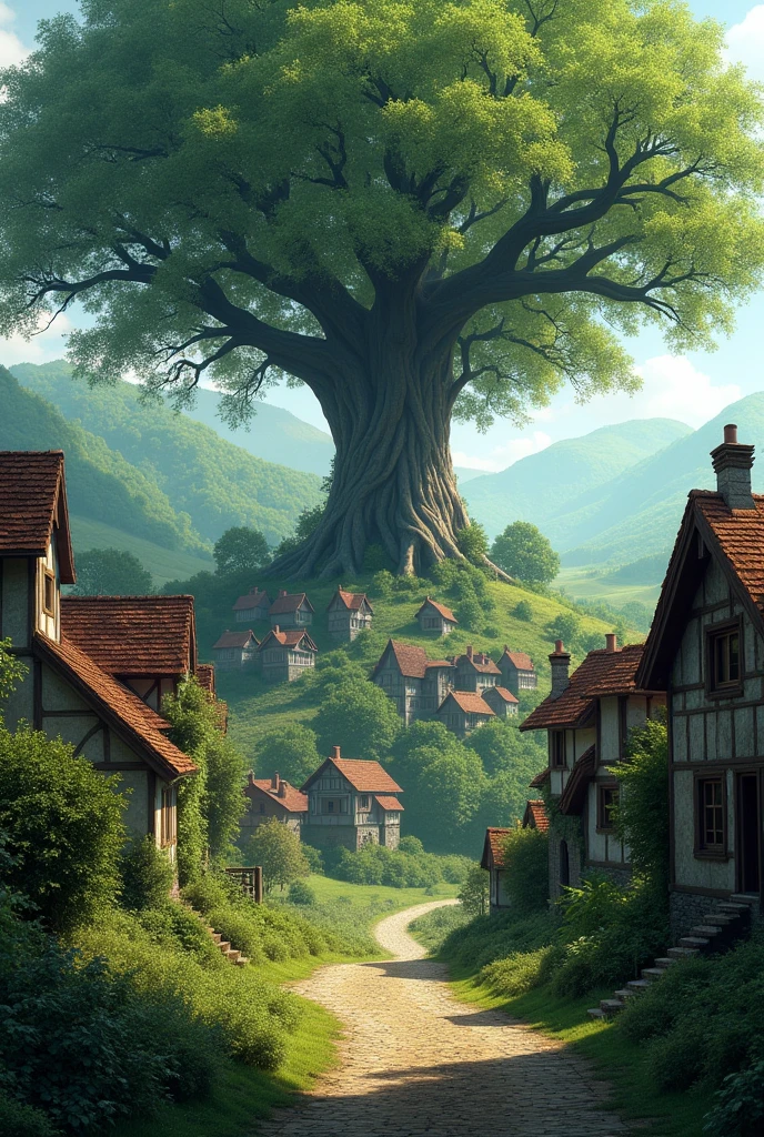 The image of the old village with the lots of trees and one of the tree is so majestic, old and beautiful