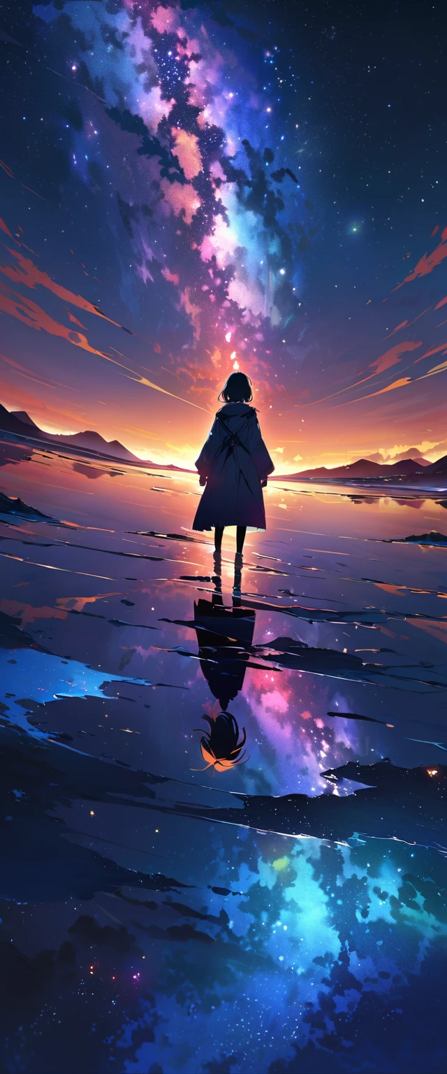 Official Art, Integrated 8K wallpapers, Very detailed, masterpiece, Best image quality,Ultra Wide Angle,night,Escape,Standing by the salt lake,The water is like a mirror,Reflecting the sky。Looking up at the sky,The Milky Way is in the sky,Dynamic Angle, Grace, Vibrant colors,