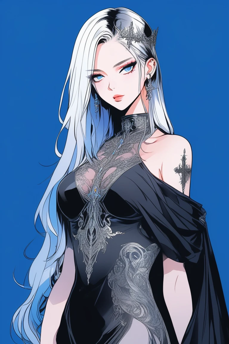 Illustrator, anime , Realistic ,sketch , 1 person, model, Age 25, lip, Sexy and revealing black and silver sheer priest dress（Holy sword）, order, Blue gradient background, Neon Hair, Big Breasts, Her cleavage is visible, look back, Upper Body, Sexy look, Texture Trim, Russia, (masterpiece,Highest quality)