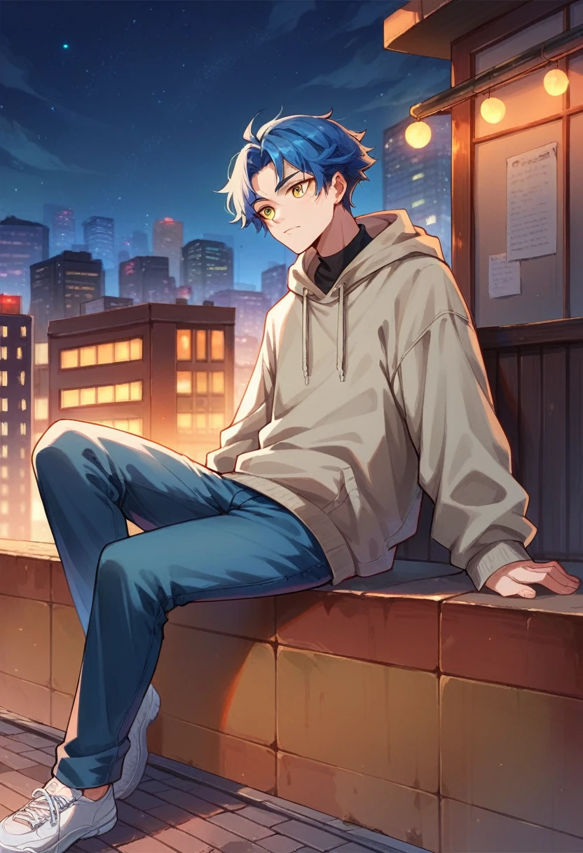 Emijah Shiro, blue hair, yellow eyes, gray jumper, blue pants, sitting on the roof, night city lights against the background 