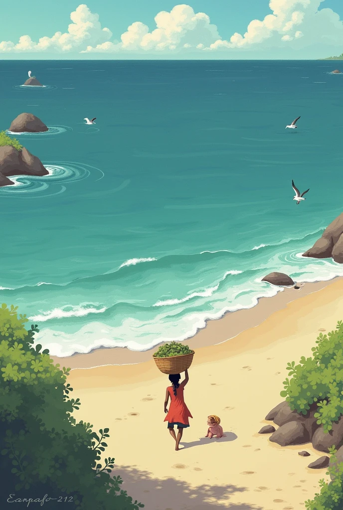 When the mother goes to dig a hole in the shade of the island, the baby is left alone to watch the house, and then he puts his arm around the sea and falls asleep to the lullaby that the sea sings.,
2. The baby is sleeping soundly, but the sound of seagulls makes her heart flutter. The mother runs along the sandy road carrying an unfilled oyster basket on her head.