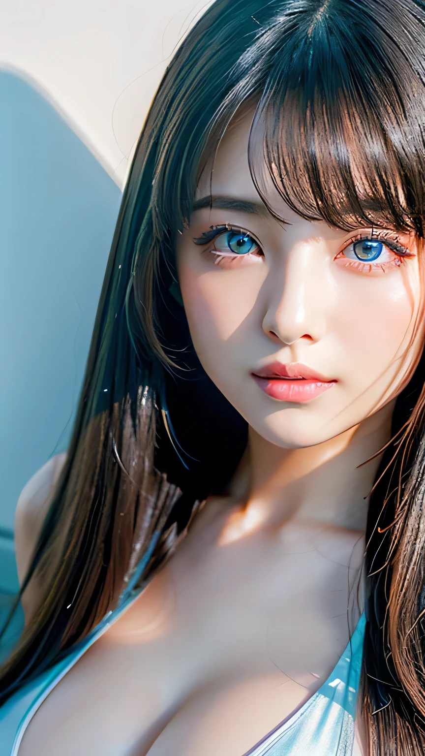 Unparalleled beauty, Shiny, firm, glowing skin, Bangs between the eyes, Beautiful luster, Super long straight silky hair, eyeliner, sexlyで美しい無邪気な20歳, High resolution, Very bright and beautiful big glowing light blue eyes、Very big eyes、Beautiful and adorable, ((Huge ))、((erotic、sexly、超High resolution、The lighting is bright、Precise needles without discomfort))、