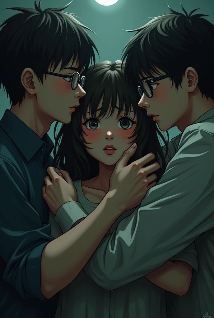 A girl trapped in the arms of two boys with glasses