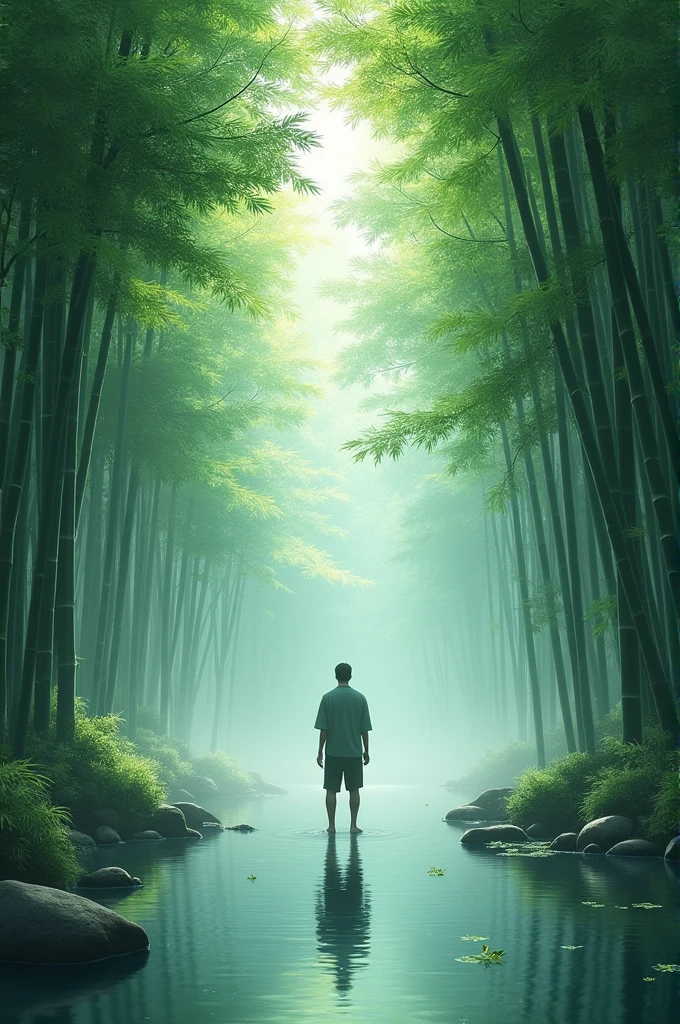 Bambo trees with around water and one man and around foog