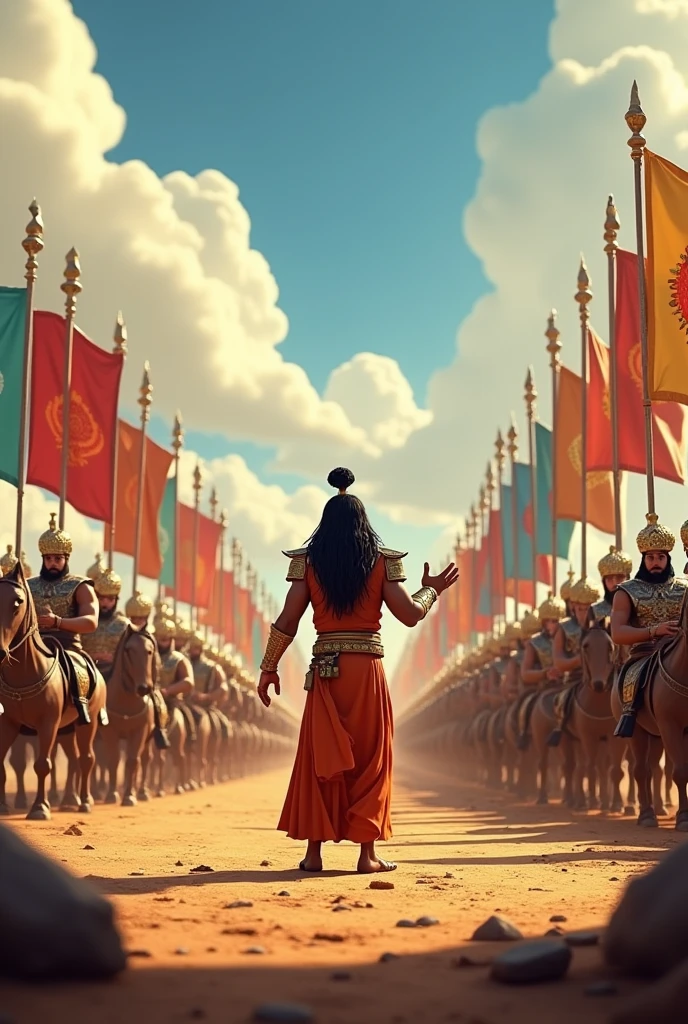 Generate in cinemetic 3d Cartoon**Military Strength:** "A realistic and dynamic scene where Duryodhana explains the strength of the Pandava army to Dronacharya. The Pandava warriors are displayed in full armor, with their chariots and flags, demonstrating their readiness and strategic advantage."