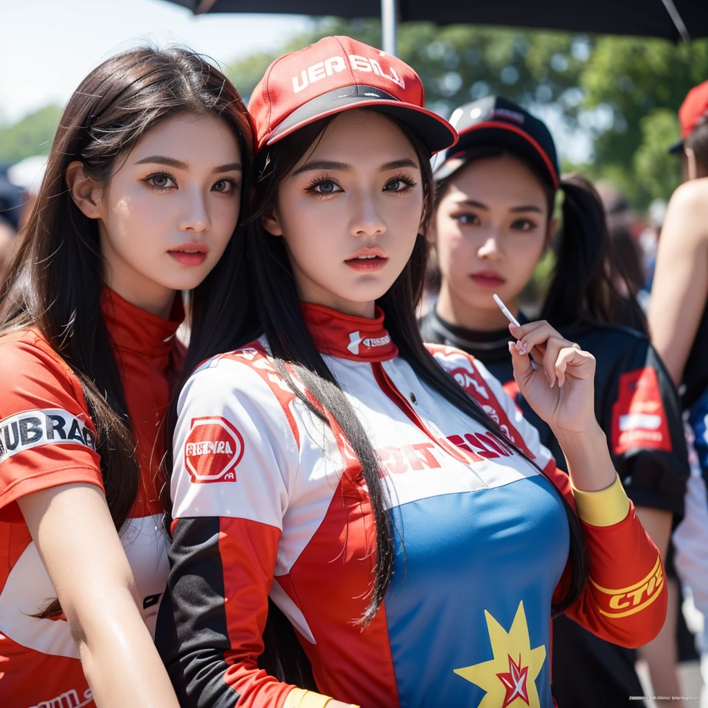 Super detailed photos、Detailed face、Cool woman、Colorful costumes、F1 Driver Cosplay、Colorful costumes、Clothing with company logo、The Grid Girls&#39; colorful and flashy costumes、Grid Girls、Perfect Face、Paddock Girls、harem、motor Show、tights、Bodycon Costumes、Grid Girls、Russia、Grid Girlsのコスプレ、belly button、Pleated skirt、Bodycon Costumes、Legs open pose、With legs spread