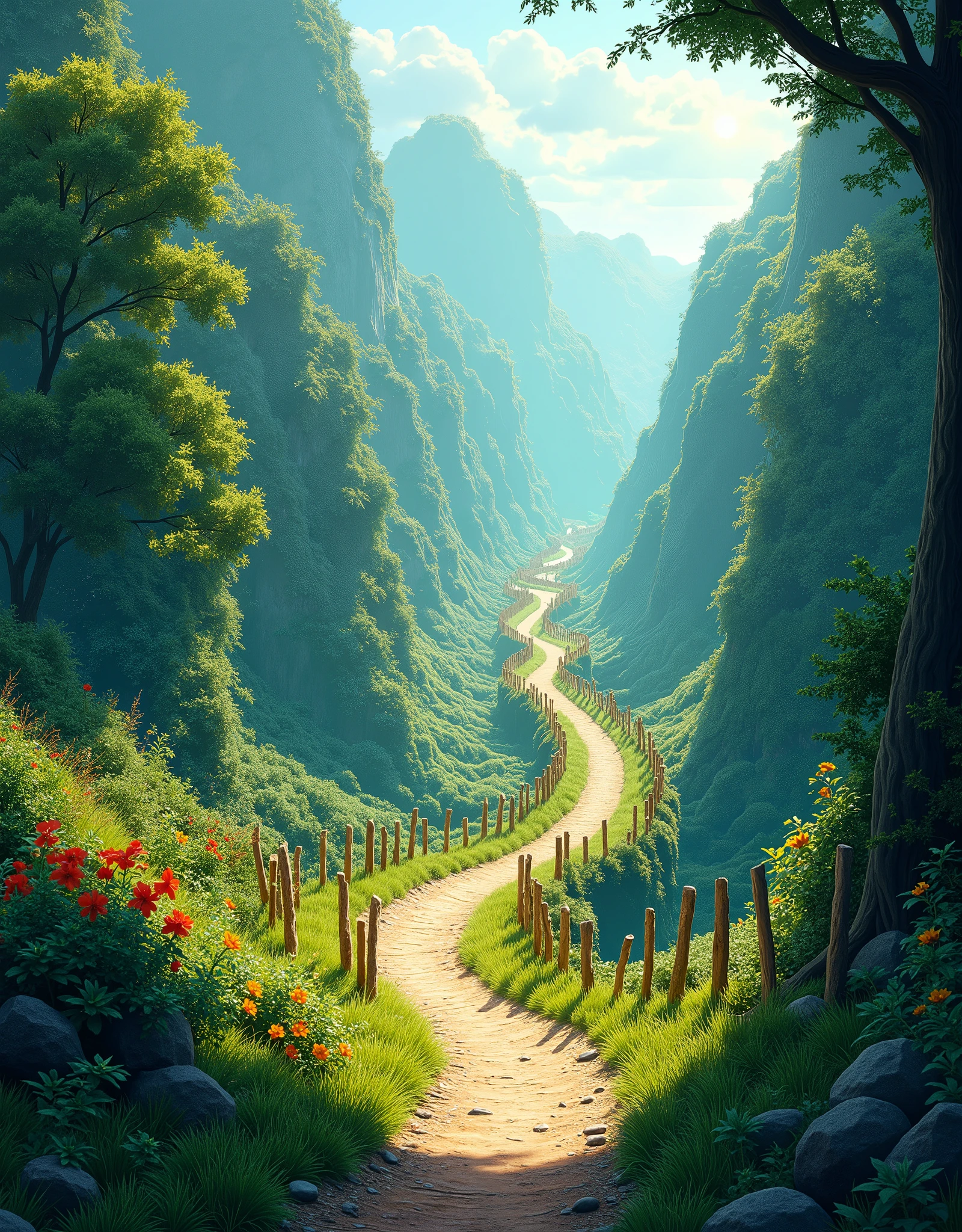 (masterpiece:1), (aerial view:1.7), (a zig zag path to canopy of trees in forest:1.6), (peaceful vibe:1.3), (dense green bushes all around:1.5), (sunlight falling:1.3), silence, (wooden fencing:1.4), (blue vast wide open sky:1.5), (soft glow of vibrant green and orange tones:1.4), (bright sunny day:1.5), magnificent sky, (volumetric light:1.2), peaceful, (bright day time:1.5), (long grass:1.3), (pebbles and flowers on sides:1.3), (nature:1.5), (beautiful trees:1.4), (beautiful aesthetics:1.2), (untouced beauty:1.4), beautiful tones, subtle colors, peaceful, (illustration: 1.0), epic composition, realistic lighting, (no human:1.6), HD details, masterpiece, best quality,