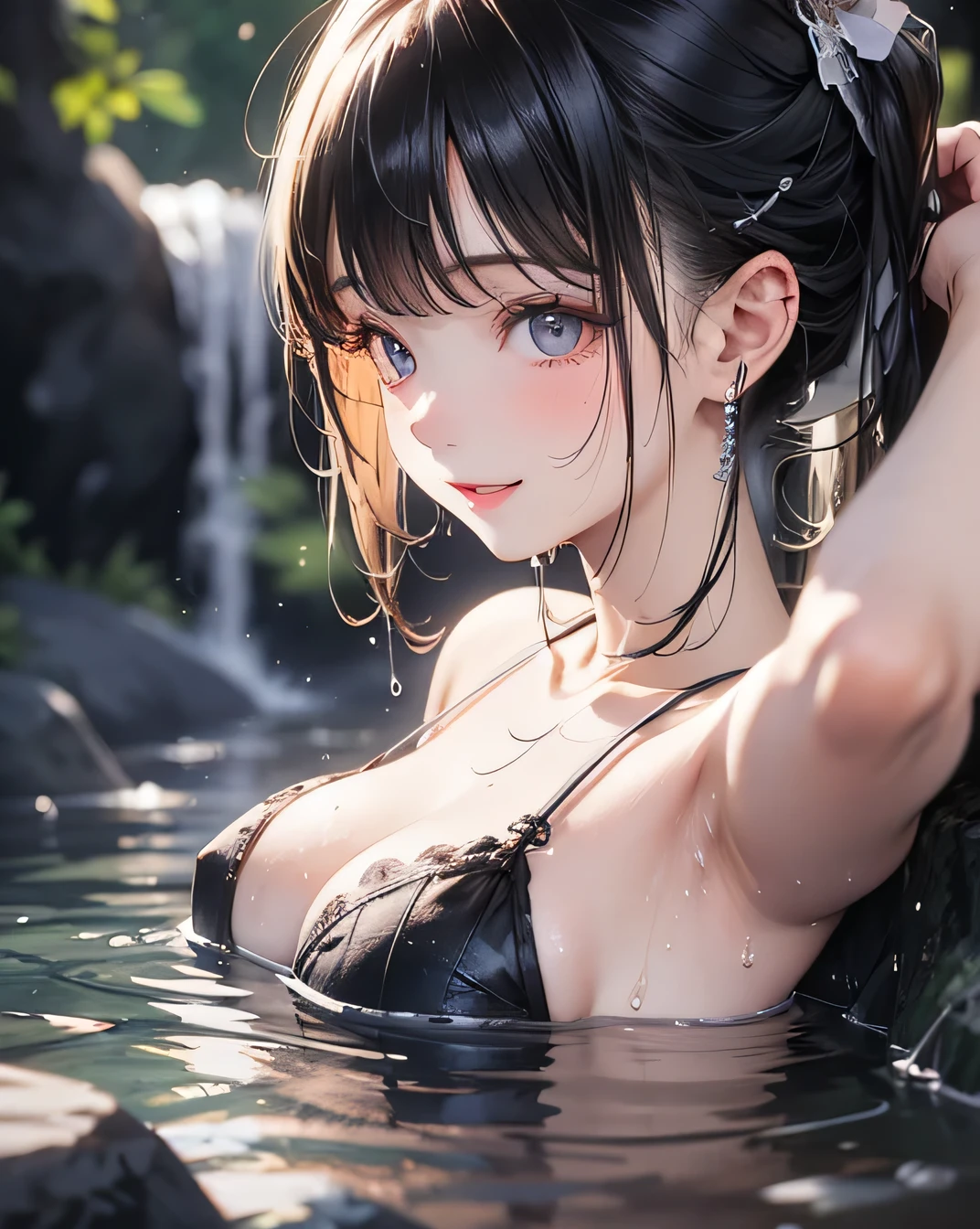 Night view, Close-up photo of Danelia Treshova, Small breasts, Bathing near a waterfall, Body immersed in water, slender cheeks, Wet Hair, Lift your chin, Fascinating face, Very good, stone, pure water, Showing cleavage, splashing water on the body, Realistic pores on the body, Looking up at the sky and smiling, Black ponytail, (blue eyes: 0.8), Beautiful adult face, 40s, Soft Volume Light, (Backlight: 1.3), (Cinematic: 1.3), Intricate details, (Art Station: 1.