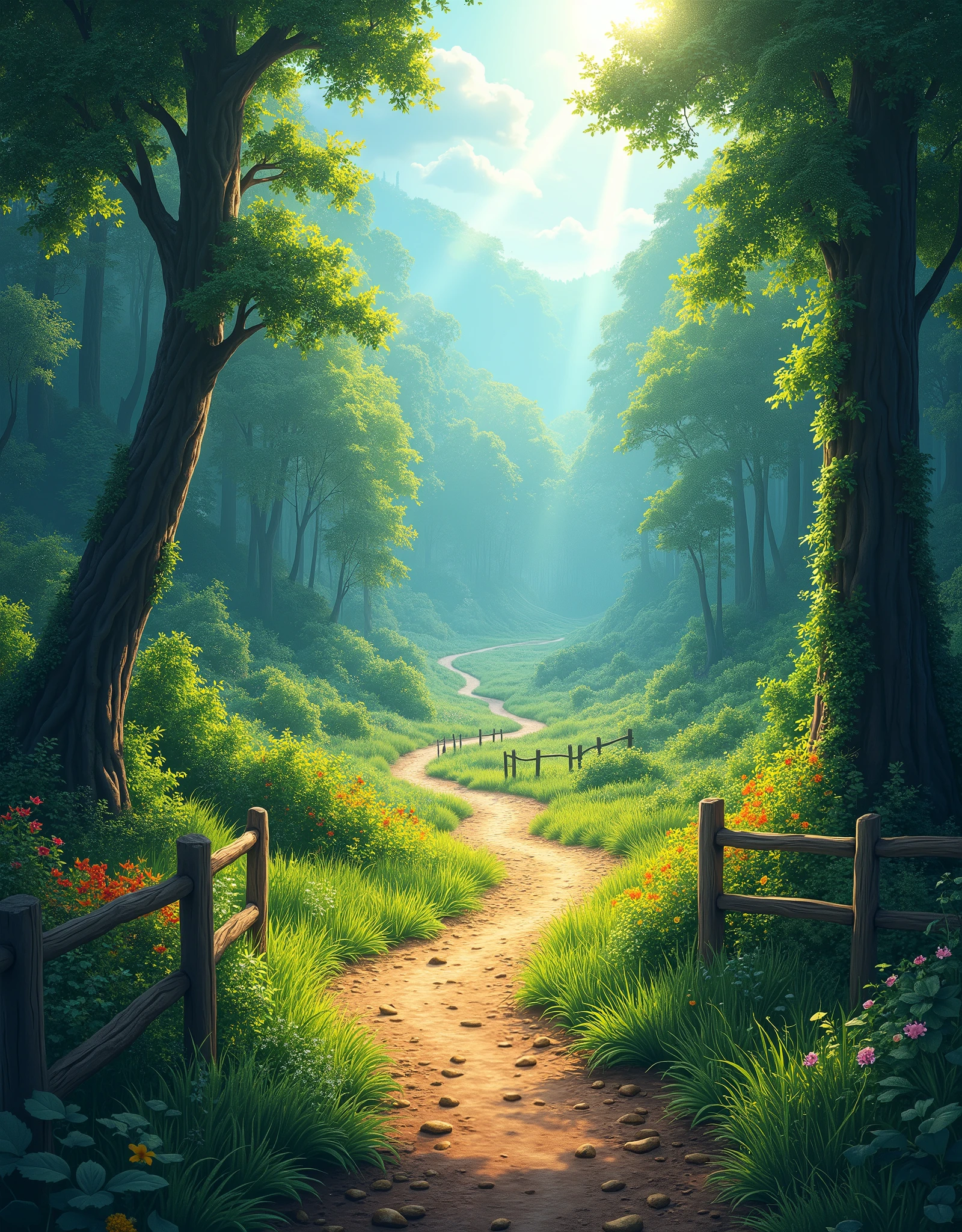 (masterpiece:1), (aerial view:1.7), (a zig zag path to canopy of trees in forest:1.6), (peaceful vibe:1.3), (dense green bushes all around:1.5), (sunlight falling:1.3), silence, (wooden fencing:1.4), (blue vast wide open sky:1.5), (soft glow of vibrant green and orange tones:1.4), (bright sunny day:1.5), magnificent sky, (volumetric light:1.2), peaceful, (bright day time:1.5), (long grass:1.3), (pebbles and flowers on sides:1.3), (nature:1.5), (beautiful trees:1.4), (beautiful aesthetics:1.2), (untouced beauty:1.4), beautiful tones, subtle colors, peaceful, (illustration: 1.0), epic composition, realistic lighting, (no human:1.6), HD details, masterpiece, best quality, 