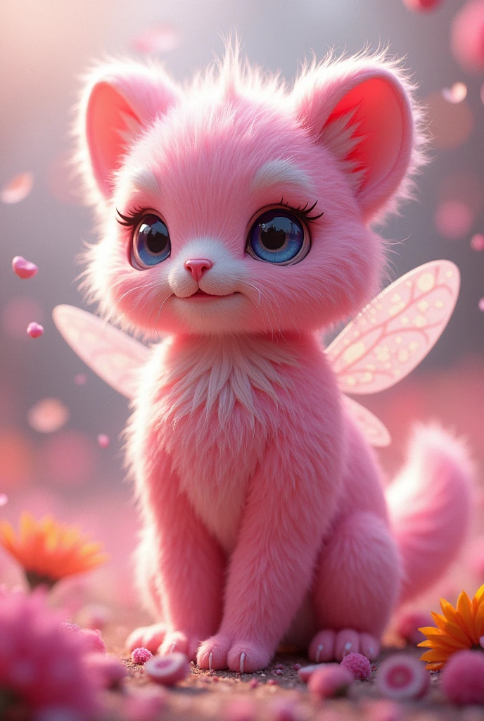 Furry, female, pink bee, has small tusks, fluffy