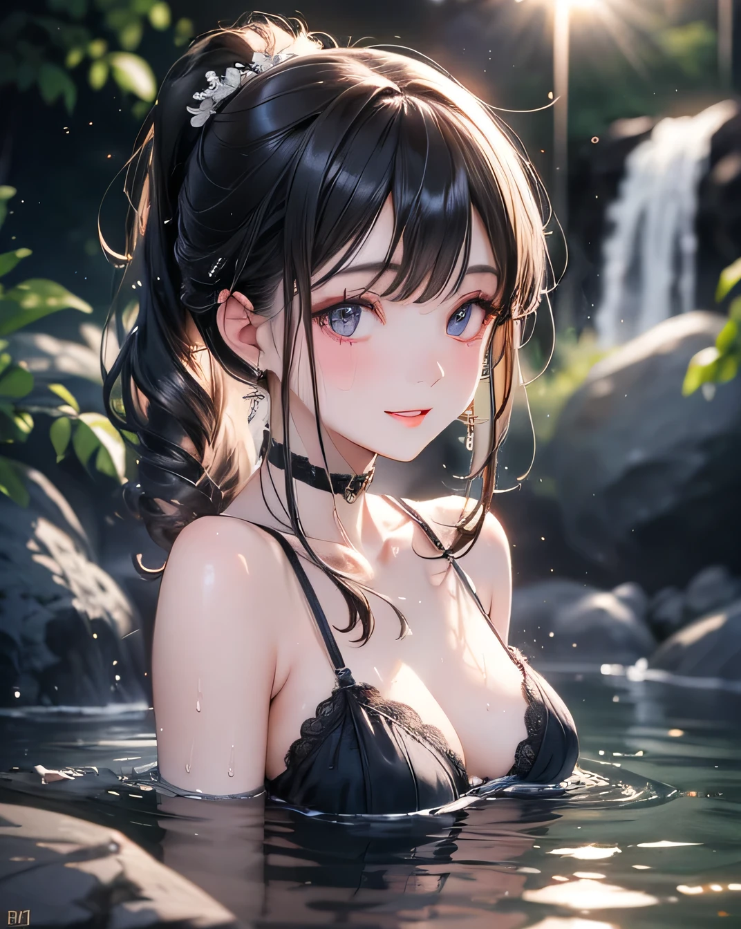 Night view, Close-up photo of Danelia Treshova, Small breasts, Bathing near a waterfall, Body immersed in water, slender cheeks, Wet Hair, Lift your chin, Fascinating face, Very good, stone, pure water, Showing cleavage, splashing water on the body, Realistic pores on the body, Looking up at the sky and smiling, Black ponytail, (blue eyes:  0.8), Beautiful adult face, 40s, Soft Volume Light, (Backlight: 1.3), (Cinematic: 1.3), Intricate details, (Art Station: 1.