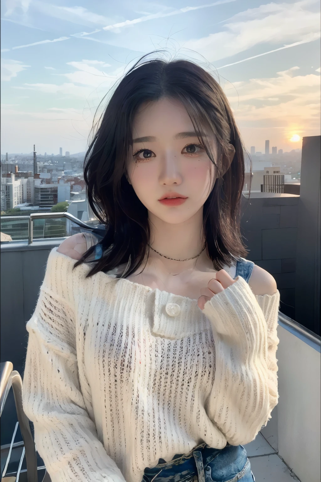 ((Best quality, 8k, Masterpiece :1.3)), Whole body, Long legs, Sharp focus :1.2, A pretty woman with perfect figure :1.4, Korean girl, Slender abs :1.1, ((Dark brown hair)), (White oversize sweater, Jean bib, Standing:1.2), ((sunset city view, Rooftop:1.3)), Highly detailed face and skin texture, Detailed eyes, Double eyelid