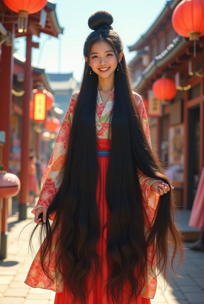 、Full body photo、Taken from about 4 meters away、ultra-realistic、. pretty Japanese girl,(( with hair Bun)),((The size of the bun is 6 times the size of his head)),round hairbun,very longhair girl, floor length hair, very thick hair,full hair on floor,(one hand lift hair),wear colour full long dress,on middle of traditional market, bright sunlight from side,laugh,