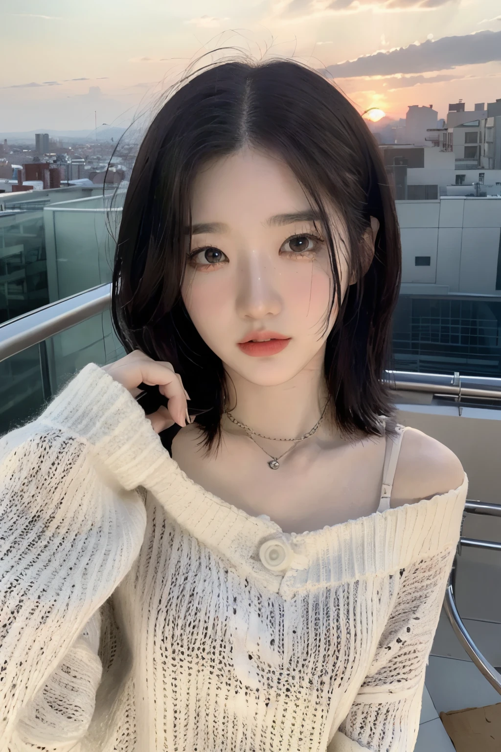 ((Best quality, 8k, Masterpiece :1.3)), Whole body, Long legs, Sharp focus :1.2, A pretty woman with perfect figure :1.4, Korean girl, Slender abs :1.1, ((Dark brown hair)), (White oversize sweater, Jean bib, Standing:1.2), ((sunset city view, Rooftop:1.3)), Highly detailed face and skin texture, Detailed eyes, Double eyelid