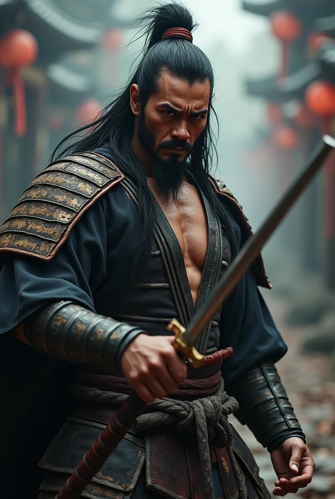 samurai warrior, ((masterpiece, highest quality, Highest image quality, High resolution, Raw photo, 8K)), ((Extremely detailed CG unified 8k wallpaper)), (huge stunning warrior shot, full body, musclural body beauty:1.4), black hair, black hair, nervous, Posing for the camera, In a warrior fighting stance,  tall, rugged man with a distinctive wild, unkempt appearance, often depicted with a disheveled topknot and simple, battle-worn clothing, reflecting his focus on substance over style., photorealistic, 16k, 8k, 4K, award winning