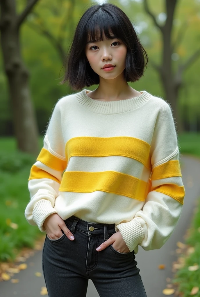 beautiful brunette girl, symetric eyes, perfect face, black bob hair, wearing a white sweater with horizontal yellow stripes, dark jeans, yellow Converse sneakers, in a park, ultra-detailed, full-body image