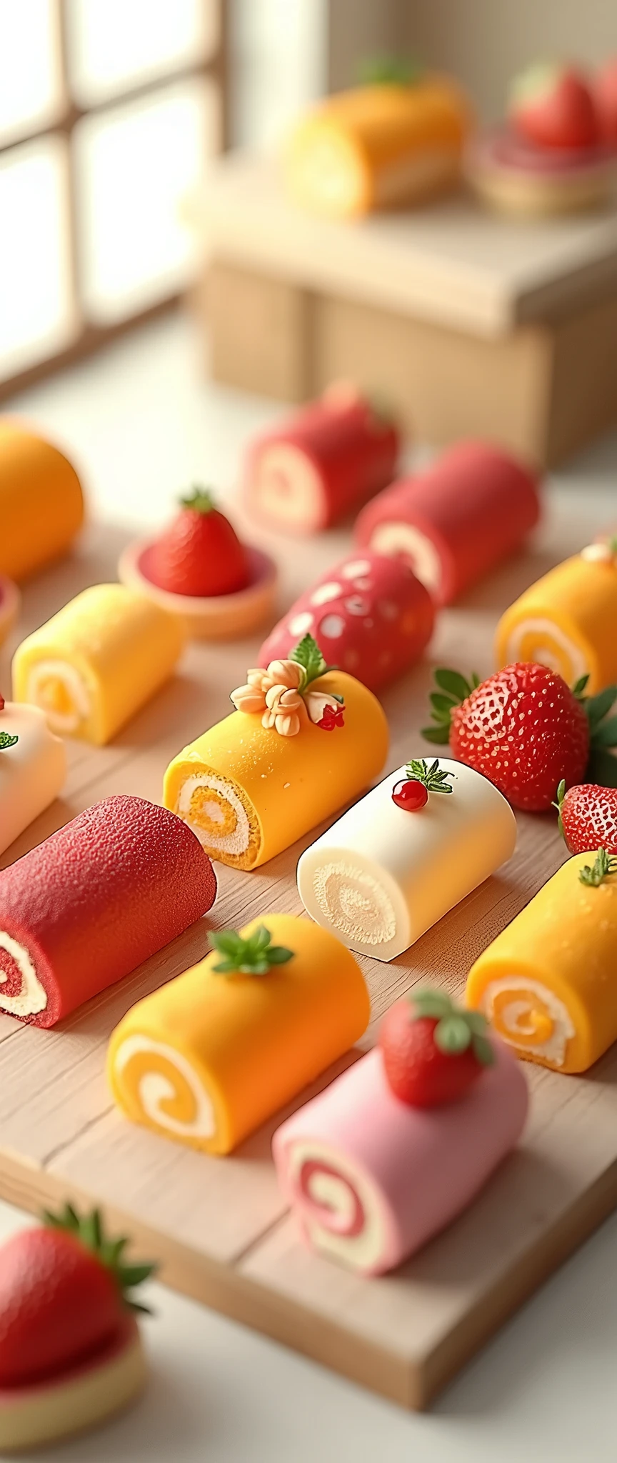 (masterpiece:1.2, Highest quality,Ultra-high resolution,Super detailed),8k,(wallpaper),(Best illustrations:2.0),(Cake shopには様々Roll cakes made with various fruits are arranged in a square shape.,Cake shop,Pastry chef,Very simple design),(isometric illustration:2.0),(Plastic Models:2.0),(Isometric 3D diorama),Matte Paint