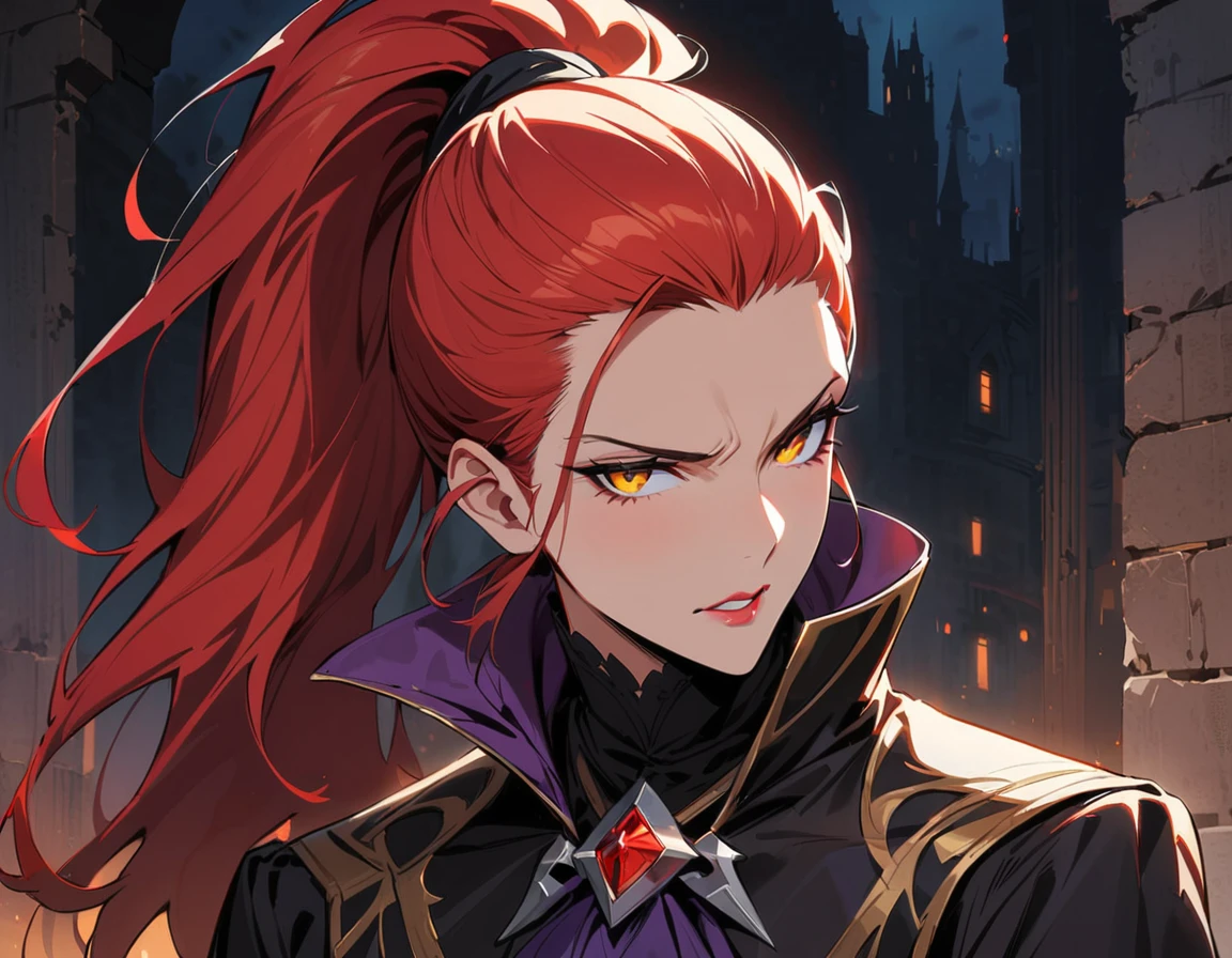 Long red hair, yellow eyes, evil, sexy, black and red clothes, tied hair, cute hairstyle, evil face, evil, serious look, gloss lips, sit, sinister, front look, bloody, gloves, beautiful eyes, short dress, big white, dark place, night, sensual, straigh hair cut, clear skin, evil, young 30 years girl, adult girl, solo, red, very long hair, HAIR DOWN, ANKLE LENGTH HAIR, FIERCE EXPRESSION, villain, handsome older WOMAN,crimson-eyes,crimson pupils,Long CRIMSONhair,Hyperresolution,accuracy,Detailed rendering,(Subtle facial image)(Image of fine hair)(topquality)(Masterpieces of masters)(High degree of completeness)(A sense of atmosphere)tmasterpiece,Super detailed and super detailed(portrait))(((Mature woman))) (((Villain))) (((Older female)))(((half body view)))(((Hair tied back into a long ponytail)))