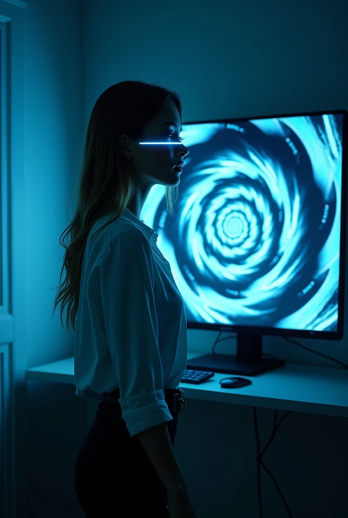 sexy woman, white shirt, pencil skirt, standing, in front of a computer screen depicting a spiral, she is hypnotized, her eyes become spirals, she looks at the screen, she walks back a little from the screen, her eyes light up blue
