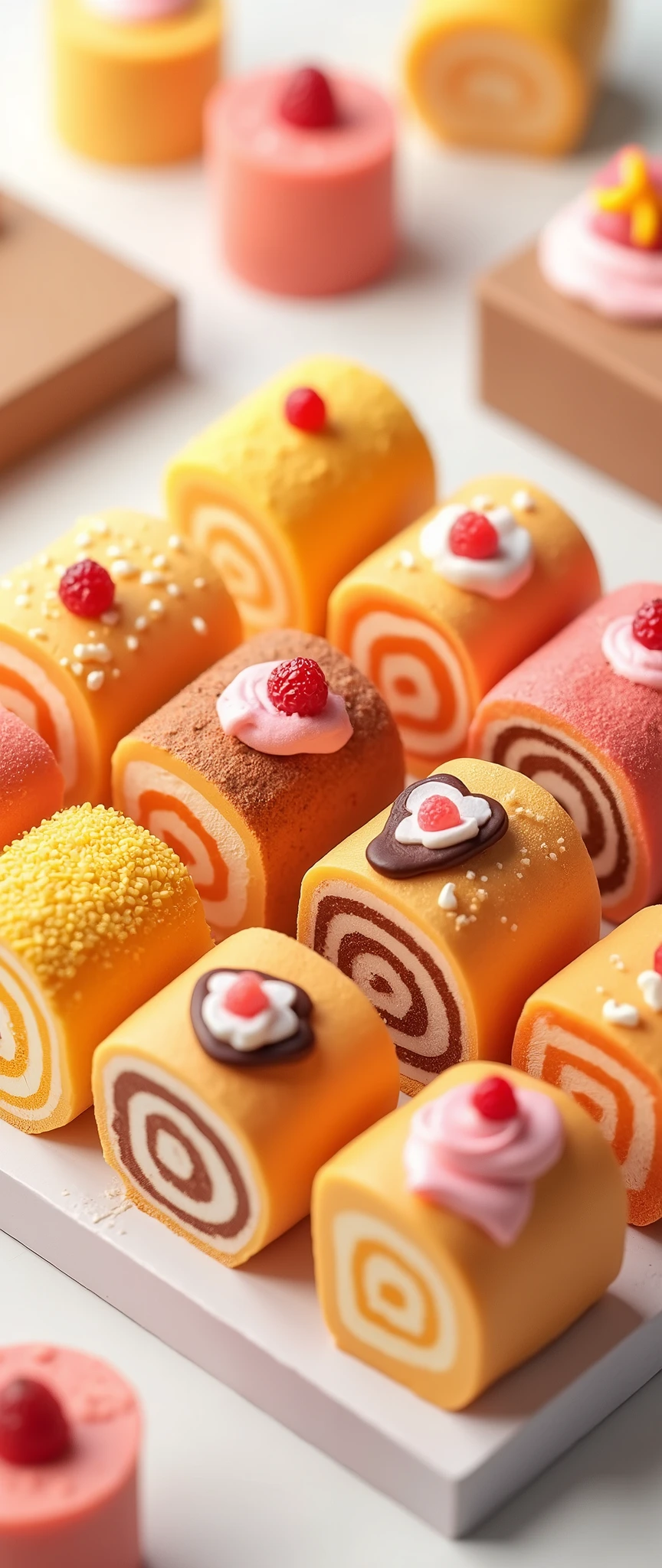 (masterpiece:1.2, Highest quality,Ultra-high resolution,Super detailed),8k,(wallpaper),(Best illustrations:2.0),(Cake shopには様々Roll cakes made with various fruits are arranged in a square shape.,Cake shop,Pastry chef,Very simple design),(isometric illustration:2.0),(Plastic Models:2.0),(Isometric 3D diorama),Matte Paint