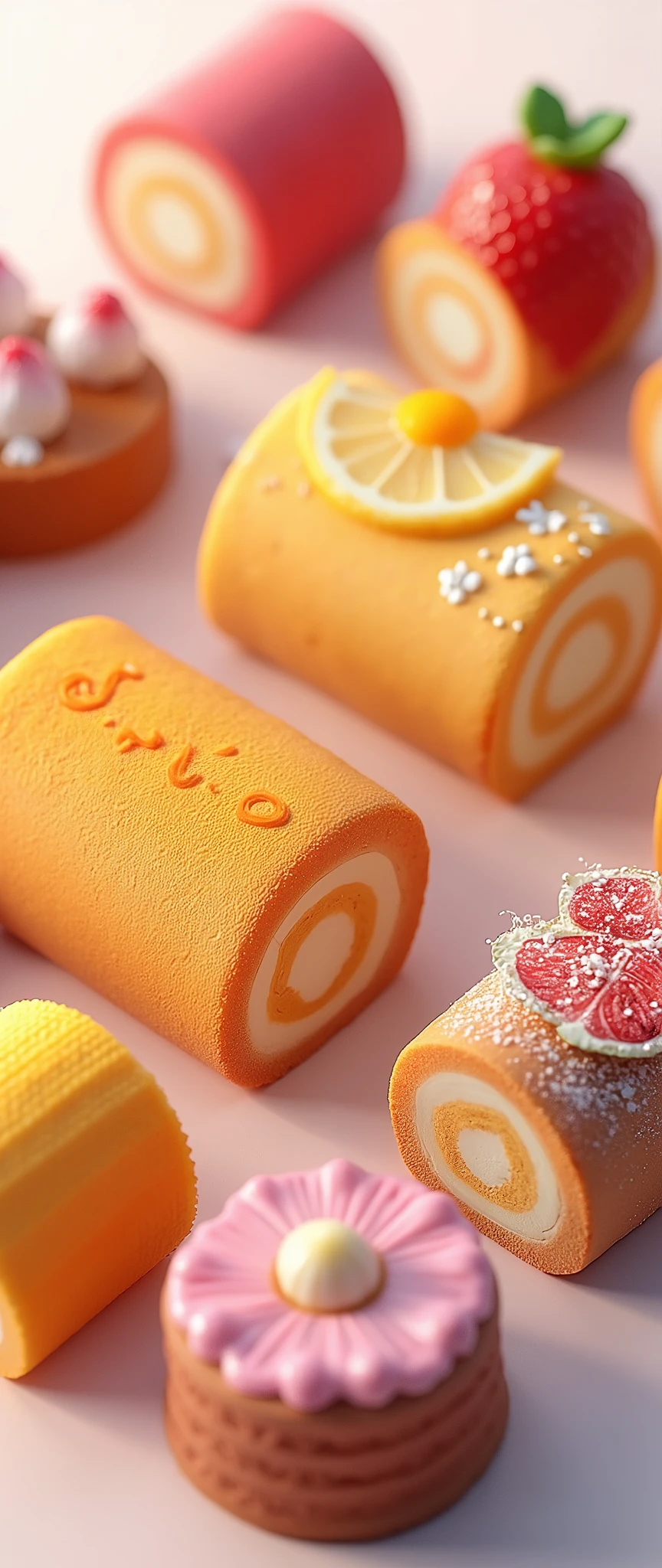 (masterpiece:1.2, Highest quality,Ultra-high resolution,Super detailed),8k,(wallpaper),(Best illustrations:2.0),(Cake shopには様々Roll cakes made with various fruits are arranged in a square shape.,Cake shop,Pastry chef,Very simple design),(isometric illustration:2.0),(Plastic Models:2.0),(Isometric 3D diorama),Matte Paint