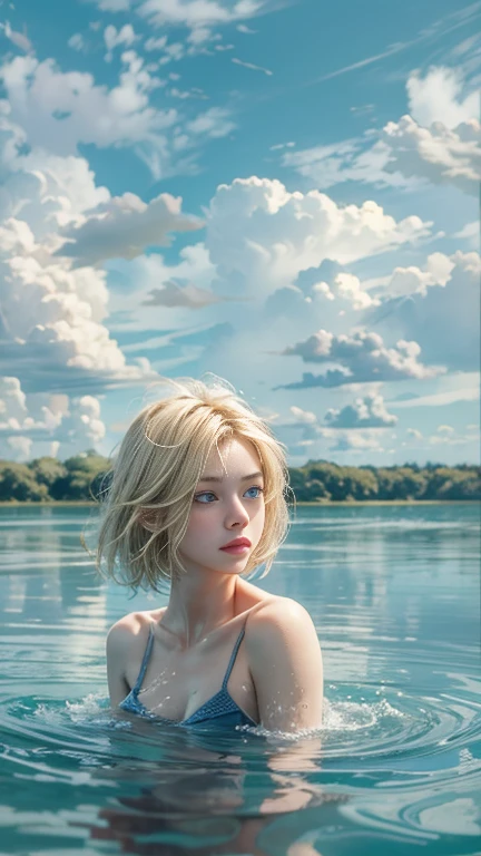 (masterpiece: 1.2, Portraiture, Highest quality), Realistic, (Live Action, Intricate details, Written boundary depth), Highest quality, masterpiece, Attention to detail, semi-Realistic, Swimming in the lake, shy, 2, Short blonde, blue eyes, blonde、 Slim figure、Shoulder Bare、Shorts and T-shirt 、Blue sky and a few clouds、Shoulder Bare