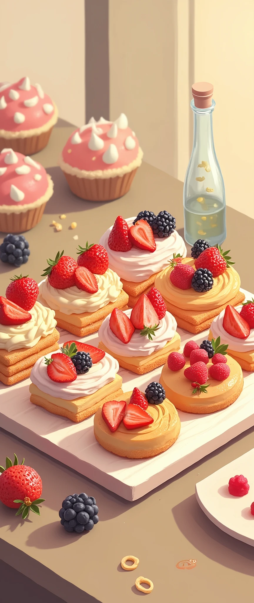 (masterpiece:1.2, Highest quality,Ultra-high resolution,Super detailed),8k,(wallpaper),(Best illustrations:2.0),(Cake shopには様々Roll cakes made with various fruits are arranged in a square shape.,Cake shop,Pastry chef,Very simple design),(isometric illustration:2.0)