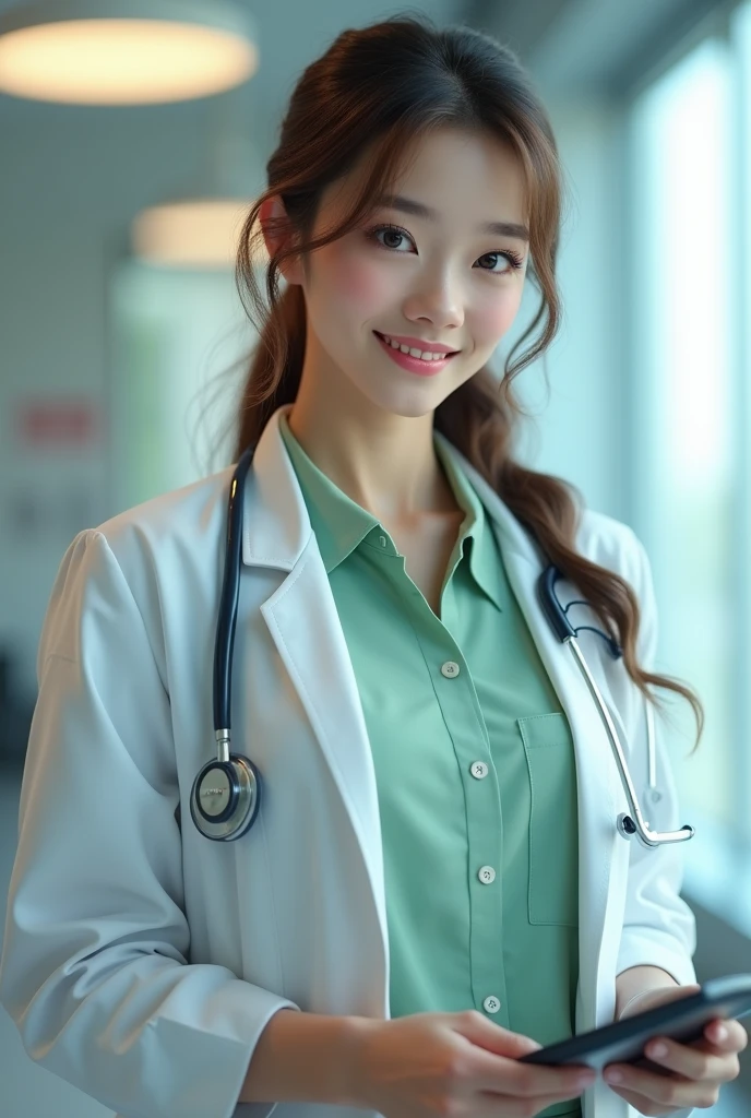 Female doctor wearing light green shirt and white overcoat