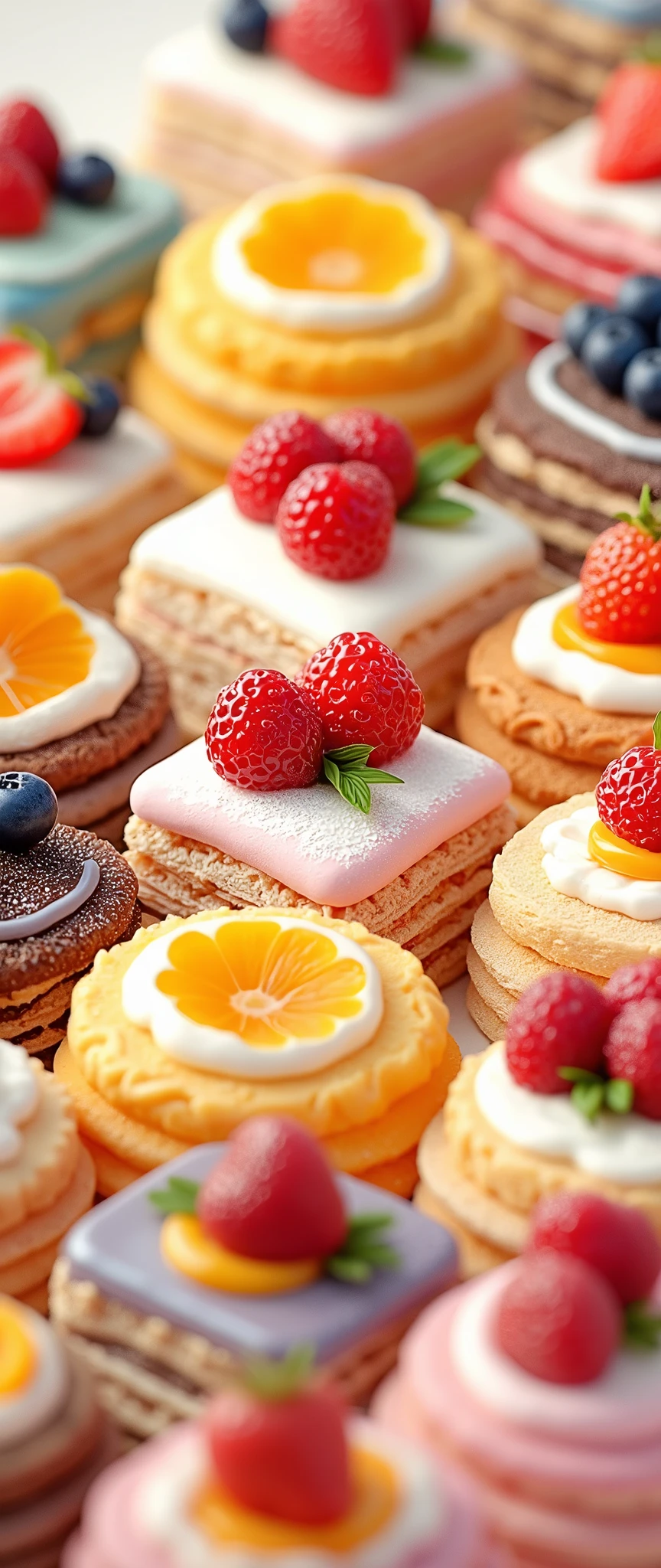 (masterpiece:1.2, Highest quality,Ultra-high resolution,Super detailed),8k,(wallpaper),(Best illustrations:2.0),(Cake shopには様々Roll cakes made with various fruits are arranged in a square shape.,Cake shop,Pastry chef,Very simple design),(isometric illustration:2.0)