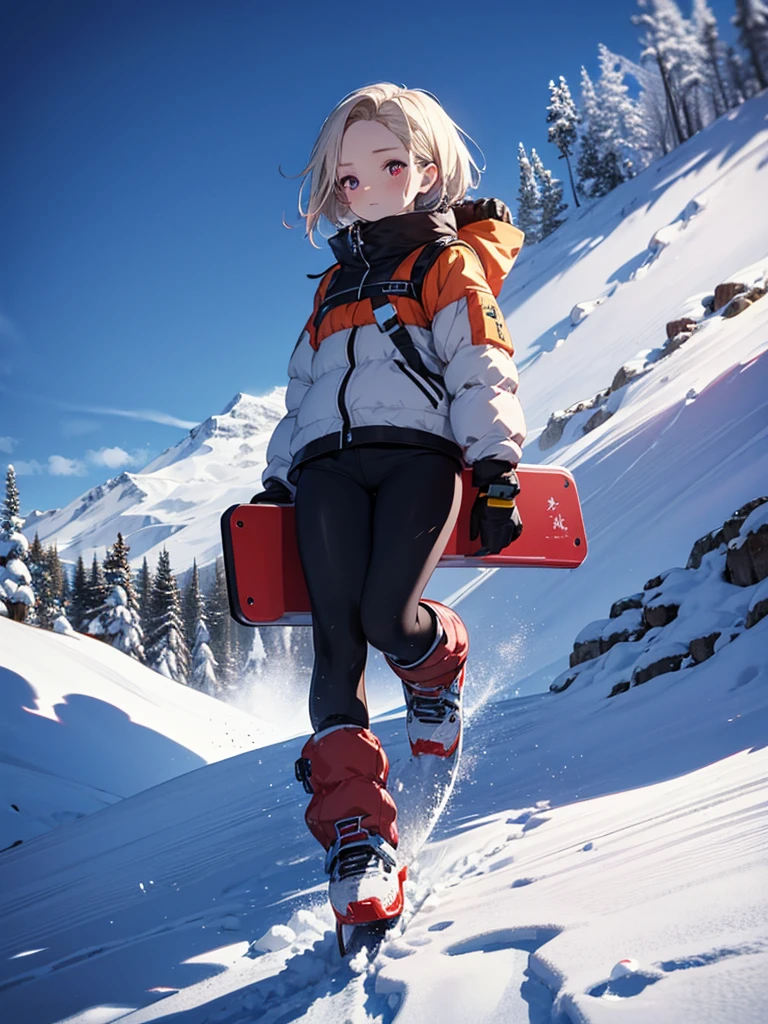 Snow Scenery, The background is snowy mountains, avalanche, snow board, snow boardでjump, cute, Beauty,Android 18, (masterpiece), highest quality, 1girl, uhd, retina, masterpiece, ccurate, anatomically correct, textured skin, super detail, high details, high quality, best quality, highres, 4K