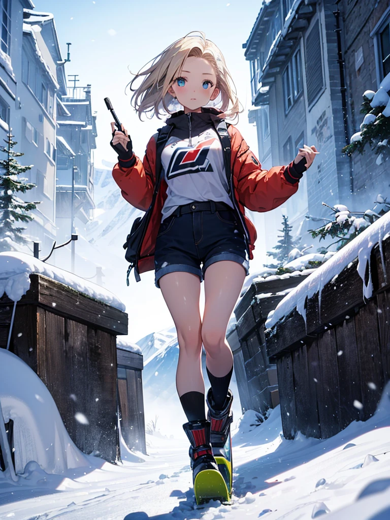 Snow Scenery, The background is snowy mountains, avalanche, snow board, snow boardでjump, cute, Beauty,Android 18, (masterpiece), highest quality, 1girl, uhd, retina, masterpiece, ccurate, anatomically correct, textured skin, super detail, high details, high quality, best quality, highres, 4K