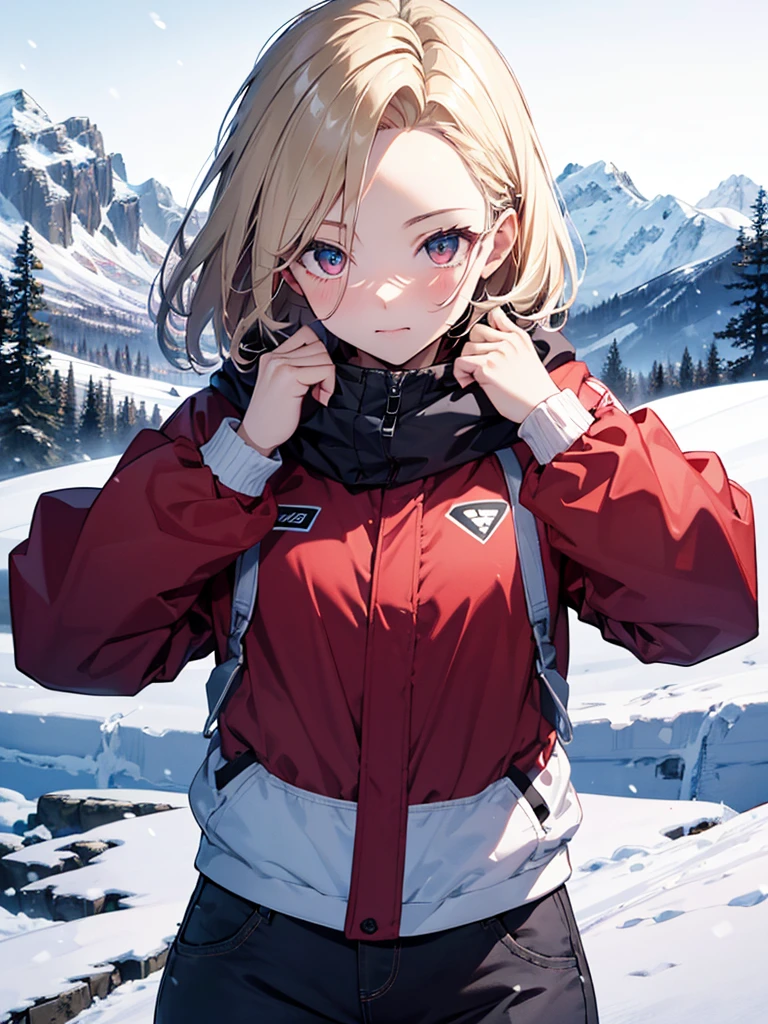 Snow Scenery, The background is snowy mountains, avalanche, snow board, snow boardでjump, cute, Beauty,Android 18, (masterpiece), highest quality, 1girl, uhd, retina, masterpiece, ccurate, anatomically correct, textured skin, super detail, high details, high quality, best quality, highres, 4K