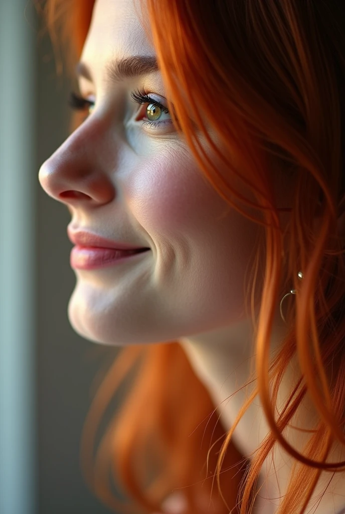 large close-up of the woman's face over the entire surface, woman in profile, red-haired, smiling