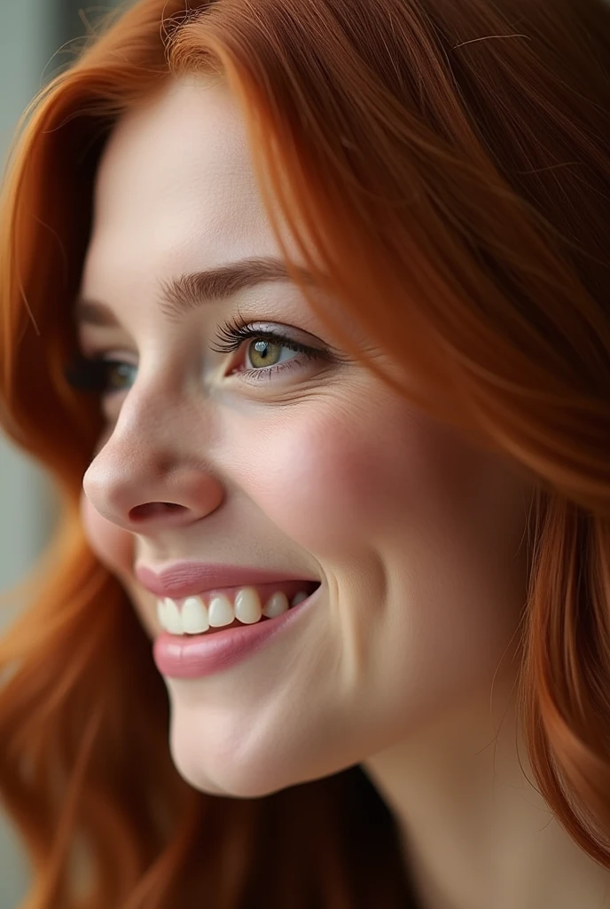 large close-up of the woman's face over the entire surface, woman in profile, red-haired, smiling