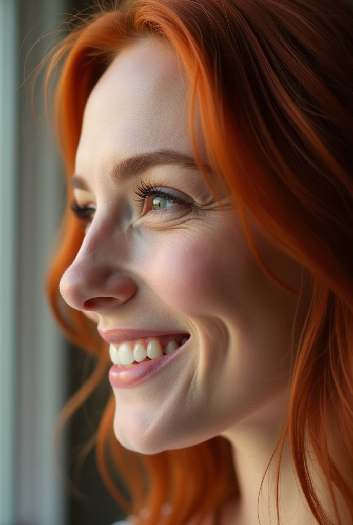 large close-up of the woman's face over the entire surface, woman in profile, red-haired, smiling