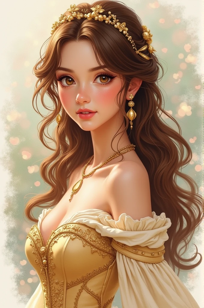 drawning, princess, white, chestnut hair, slightly slanted eyes, lightbrown eyes, light brown hair, nose is not thin, sexly, feminine, femininity, vestido de princess, beautiful hair, drawning 