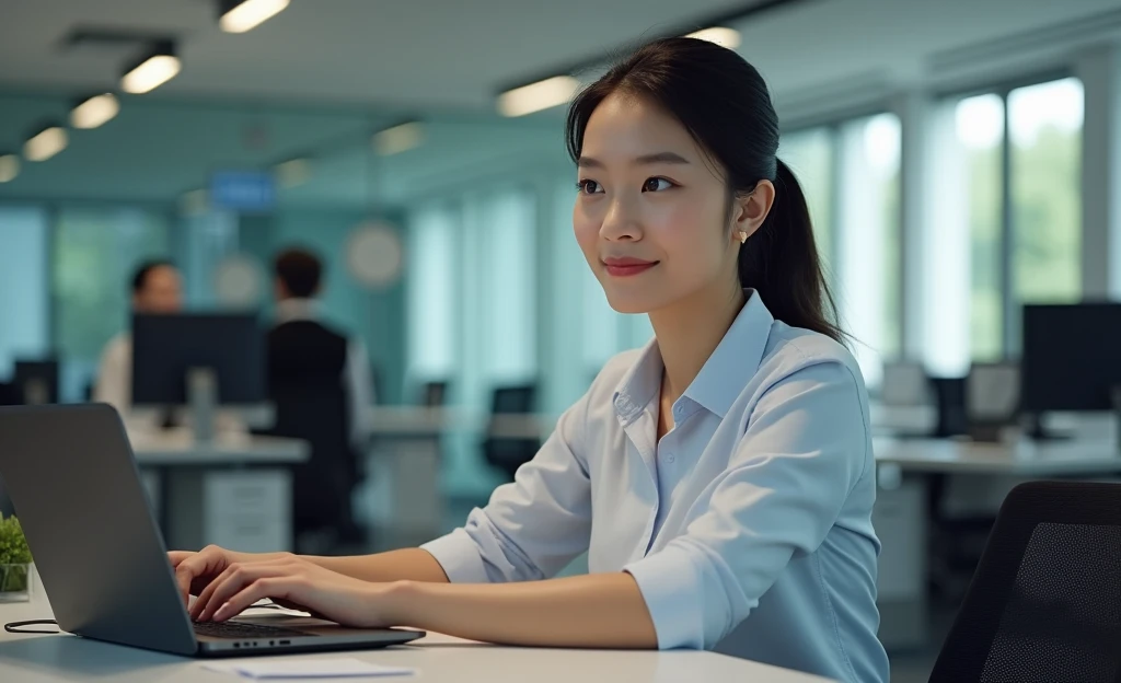 An office lady using generative AI in her work、Image size is 1200px wide and 628px high., Realistic,High definition