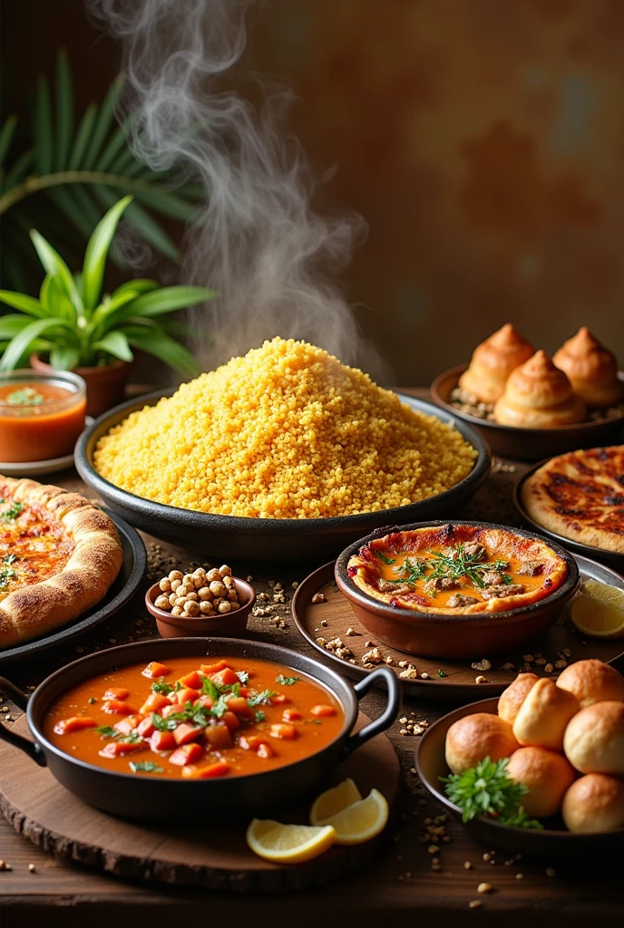 Image en horizontal,
Un plat de couscous,une pizza,un tajine et des gateaux orientaux