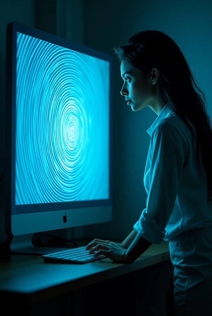 sexy woman, white shirt, pencil skirt, standing, in front of a computer screen depicting a spiral, she is hypnotized, her eyes become spirals, she looks at the screen, she walks back a little from the screen, her eyes light up blue