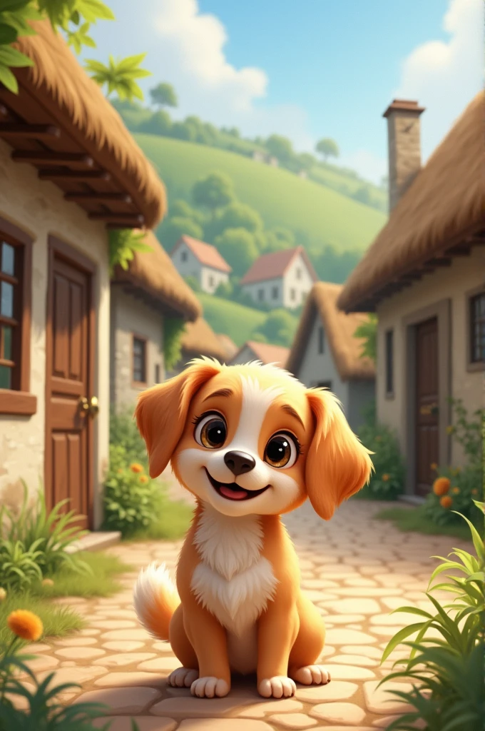 A small, friendly dog named Timmy in a rural village setting.*small, friendly dog named Timmy in a rural